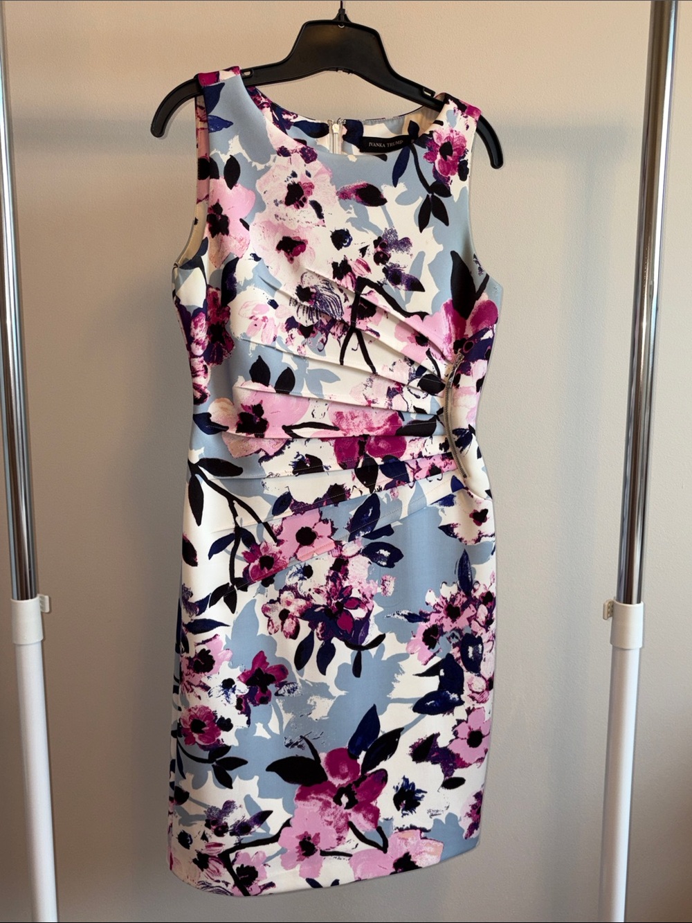 Ivanka Trump Pink, Light Blue and Navy Floral Midi Sheath Dress Scuba Material